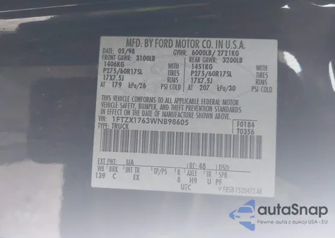 1998 Ford F-150 Lariat/Standard/Xl/Xlt from USA, damaged, VIN 1FTZX1763WNB98605